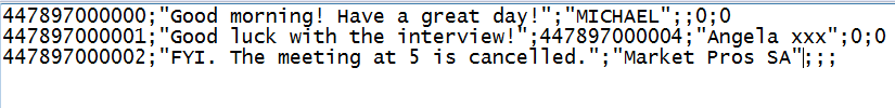 CSV file in a text editor with contacts and messages ready to be sent.